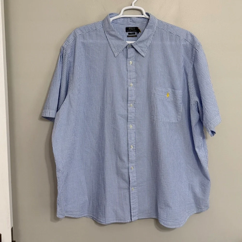 NEW Polo Ralph Lauren Mens 4XB Blue Striped Seersucker Wrinkle Button Down Shirt